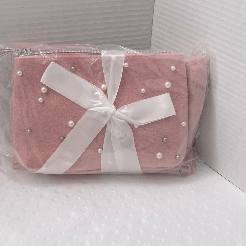 Women's Cosmetic Bag & Scarf Set, Soft Pink, Embellished and Prepackaged Wrapped